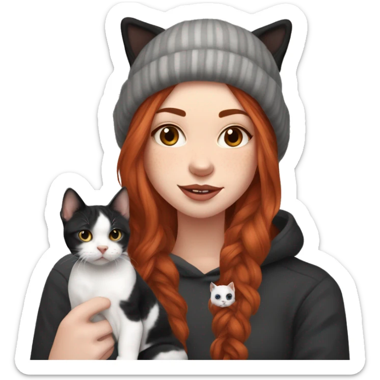 Long Red haired woman in beanie with septum piercing holding black and white English Staffordshire puppy and tabby cat sticker