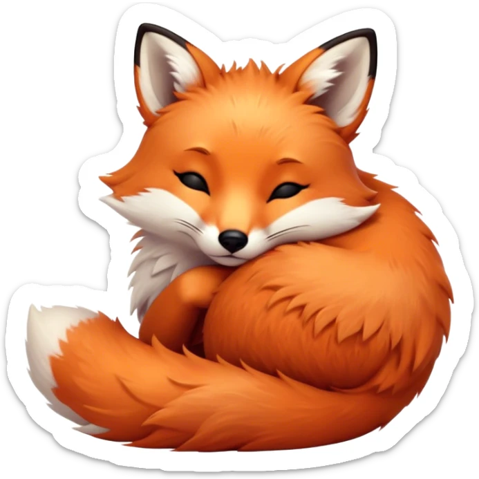 Cinematic cute sleepy fox, curled into a cozy fluffy ball, warm glowing fur, tiny black nose resting on its tail, soft breathing visible, peaceful and charming. sticker