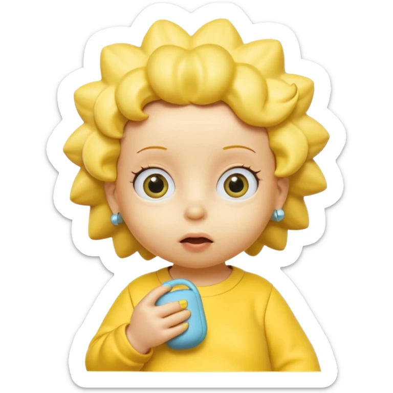 A 3D cartoon baby character yellow skin, styled like Maggie Simpson, with pacifier, yellow onesie, big eyes, smooth shading, Memoji-style rendering, consistent with other yellow Simpsons characters. sticker