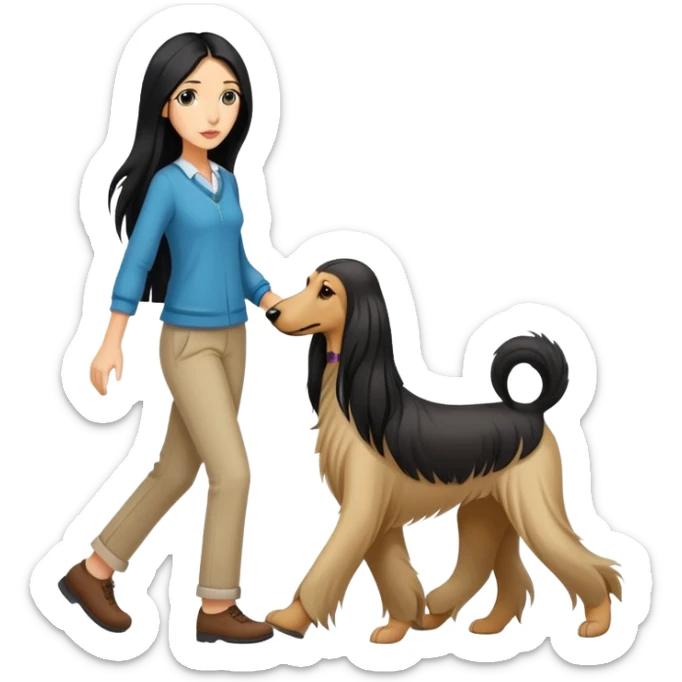 A girl with long black hair walking an Afghan hound sticker