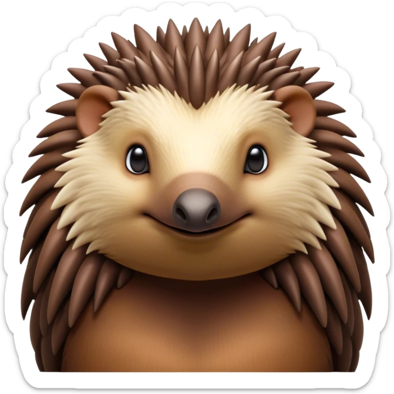 Cinematic Noble Echidna Portrait Emoji, Poised and regal, with a compact, spiky build and a textured, bristly fur in earthy browns, a distinctive pointed snout and keen, soulful eyes, Simplified yet sharp and sophisticated features, highly detailed, glowing with a warm, dignified glow, high shine, intelligent and resilient, stylized with an air of prickly elegance, focused and attentive, soft glowing outline, capturing the essence of a watchful and confident echidna, so majestic it feels as though it could scurry out of the screen with effortless authority! sticker