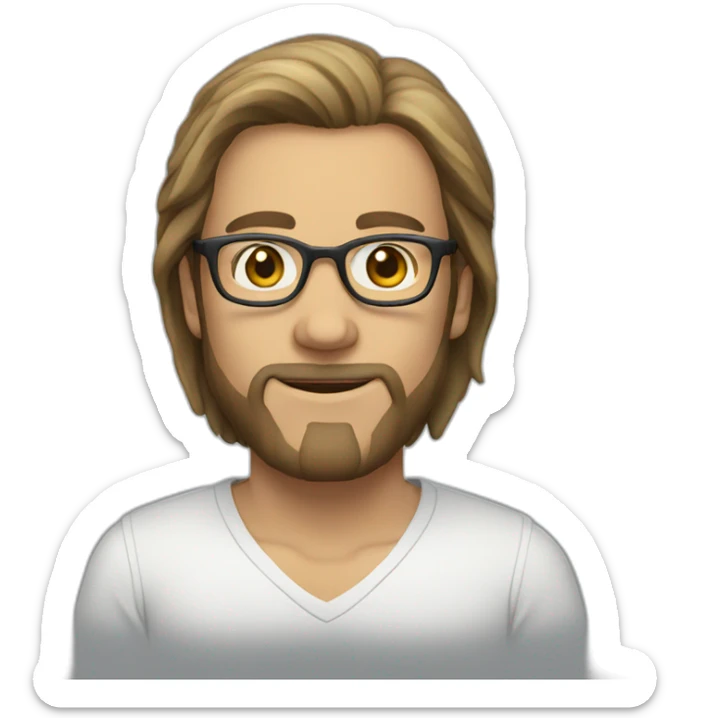 A man with long hair, wearing glasses, white in color, and a short beard sticker