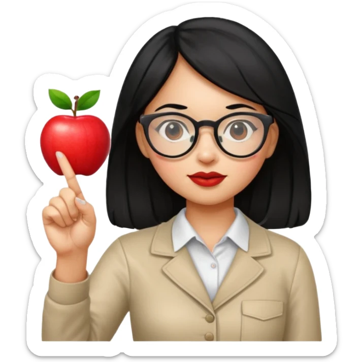 Guatemalan Girl with Black hair and Nerdy Glasses sticking up pointer finger, holding an apple sticker