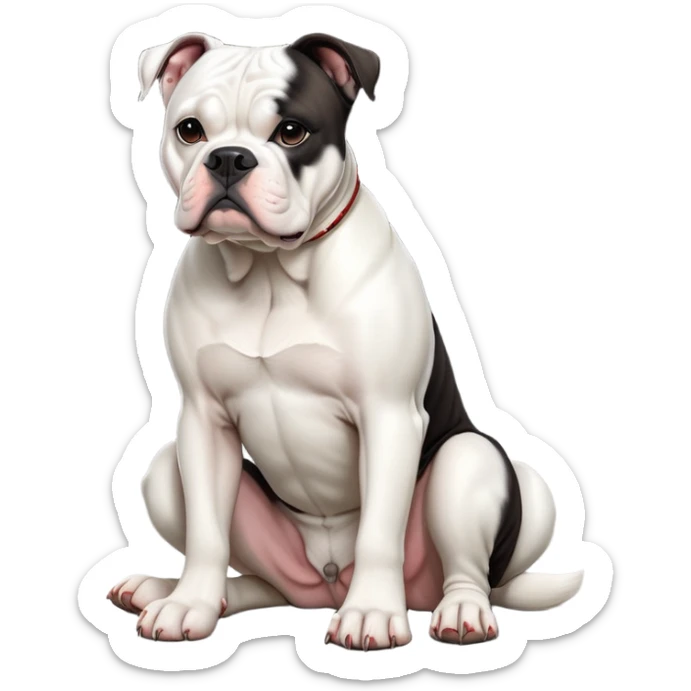 cinematic-[american bulldog]-realistic-full-body-sitting-emoji,-tail-resting-loosely-beside-its-paws,-head-tilted-dramatically,-sleek-[pied black]-fur,-simplified-yet-realistic-focused-features,-highly-detailed,-glowing-with-an-almost-sarcastic-glow sticker