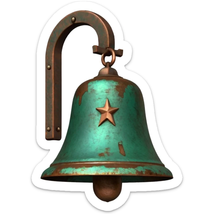 3D render of Church Bell, heavily oxidized copper texture, verdigris patina, Green weathered metal surface, weathered bronze aesthetic, ancient decay, emoji style, isolated on white background --v 6.0. sticker