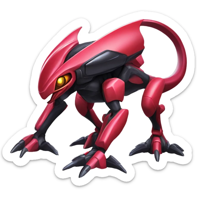 a shiny black-red Genesect-Raptor-Fakémon—hybrid with a futuristic visor-helmet full body sticker