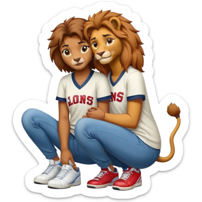 confident anthropomorphised female lion wearing a baseball shirt, jeans, and trainers, crouched on her hunches, comforting another character sticker