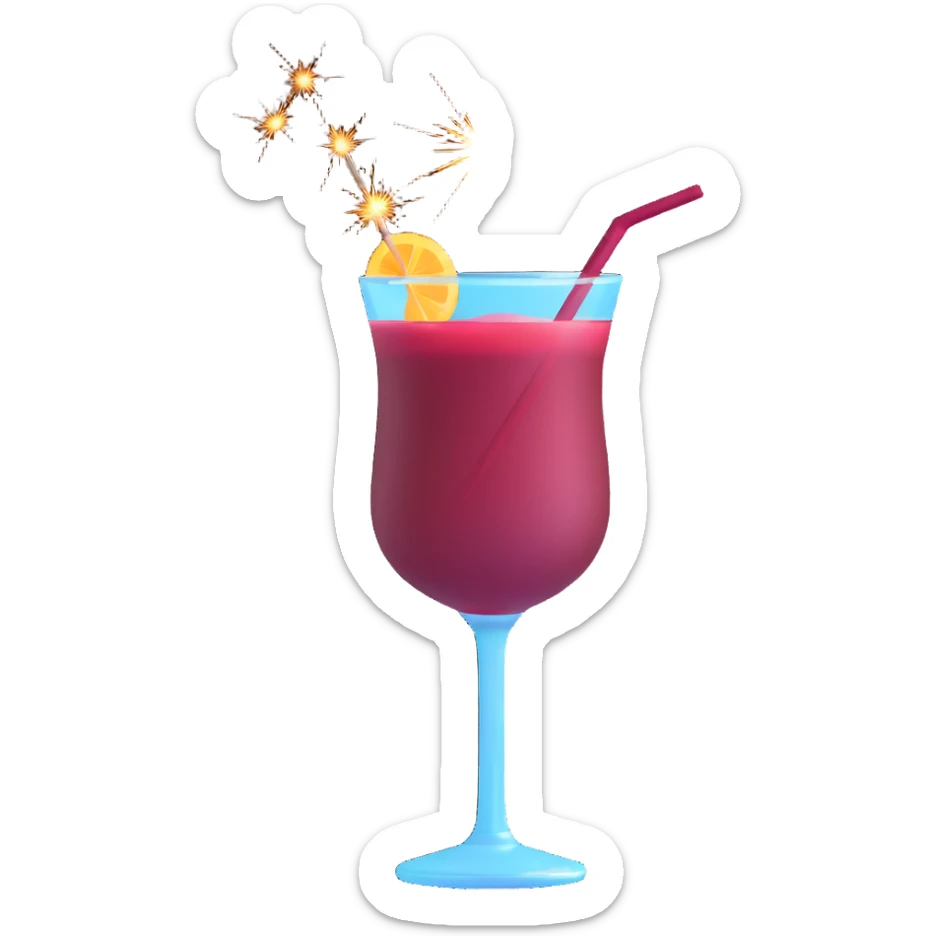 3D emoji style cocktail glass with burgundy drink and a sparkler sticker