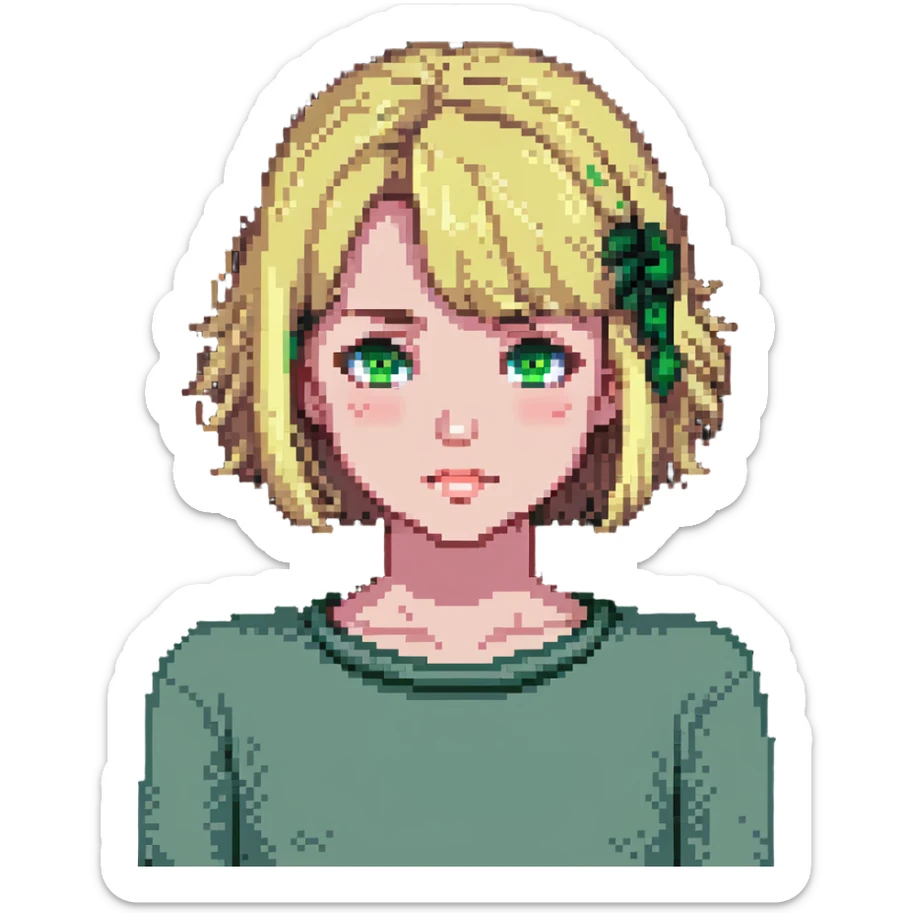 blonde girl with bob hair and green eyes looking embarrassed sticker