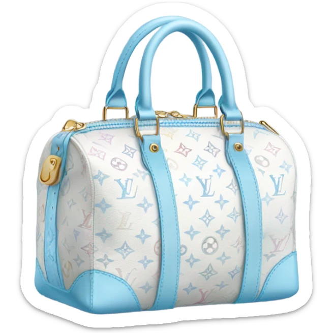 White Designer Louis Vuitton bag with baby blue monogram and baby blue trim sticker