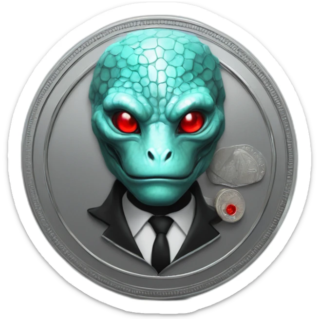 Aquamarine reptilian in classic black suite with red laser eyes on the middle of platinum coin sticker