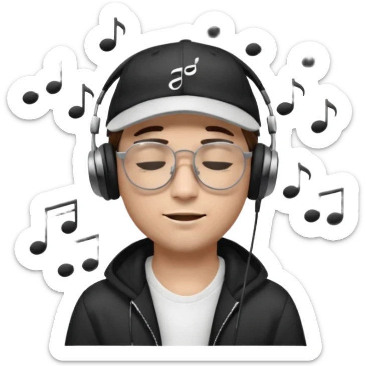 dj man white with baseball cap - rayban glasses - brown hair - closed eyes with headphones on with musical note over head (listening to music ) - eyes closed no glasses - black hat  musical notes floating around head sticker
