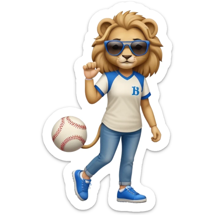 confident anthropomorphised female lion wearing a baseball shirt, jeans, trainers, dark sunglasses, walking upright, looking self-assured sticker