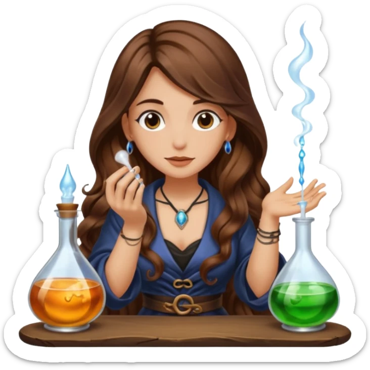 alchemist woman long wavy brown hair tattoos tasting potion drop sticker