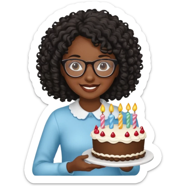 A Black woman with curly black hair and glasses holding a birthday cake. Can you make it a more basic emoji? sticker