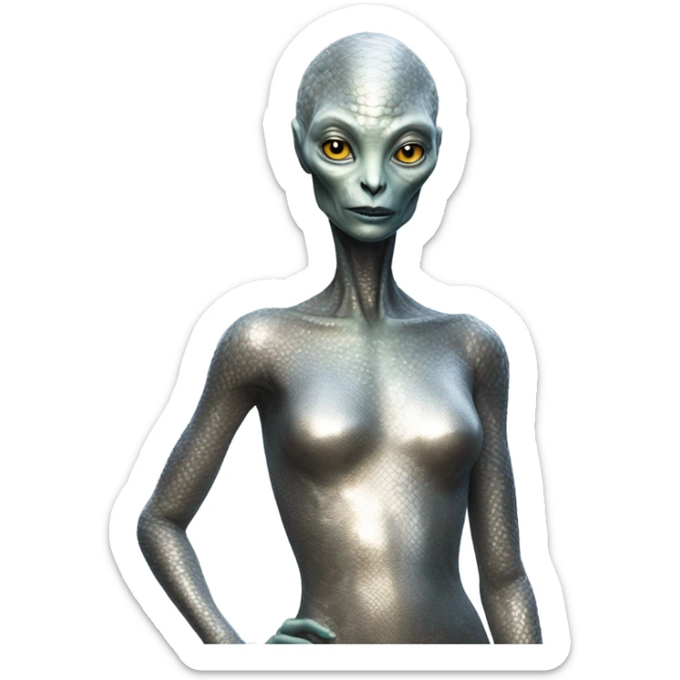 a reptilian alien woman full body, in silver dress sticker
