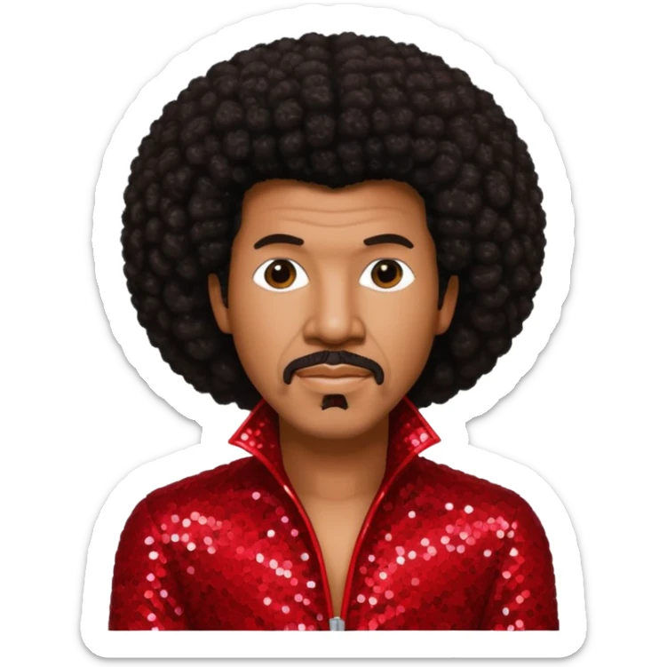 Lionel Richie with long dark brown afro hair, red sequin outfit  sticker