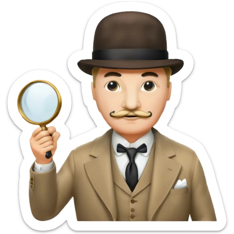 A cinematic-style frame showing Hercule Poirot in his iconic suit with a magnifying glass in a dramatic detective pose. Background should be mysterious city background and subtle clues like fingerprints or a crime scene. Transparent background. sticker
