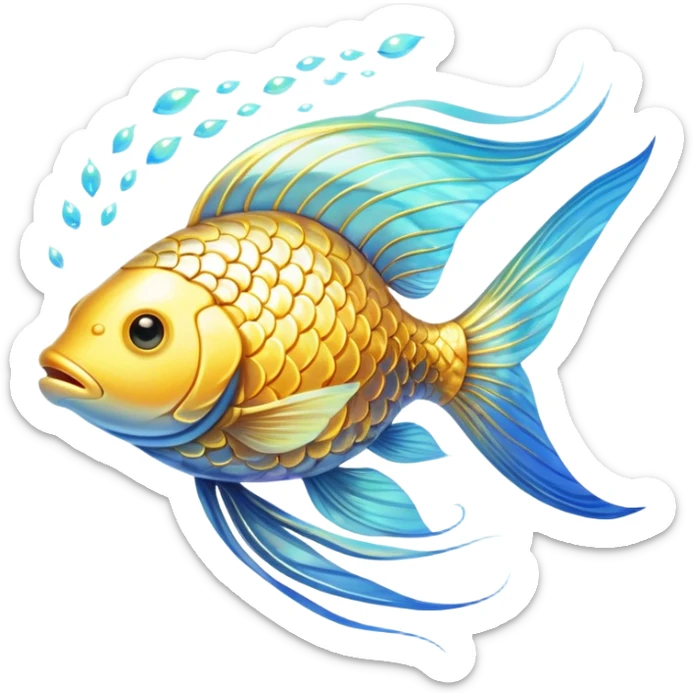 Shimmering golden fish transforming into an omega-3 symbol as it swims toward a luminous brain. Radiant neural pathways extend from the brain, meeting the flowing golden energy from the fish. All elements emit a soft ethereal glow with subtle blue undertones. sticker