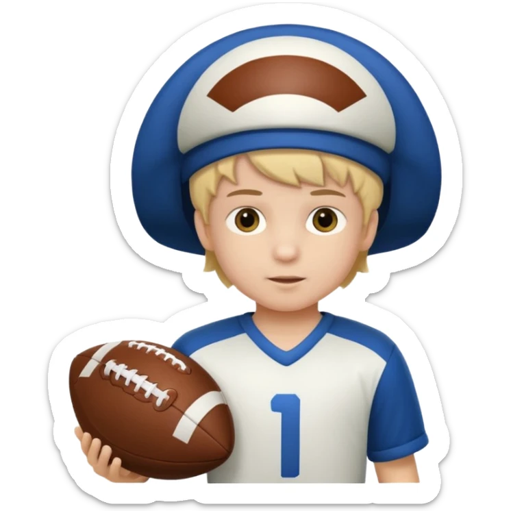A child stands in a football costume, holding an actor's hat sticker