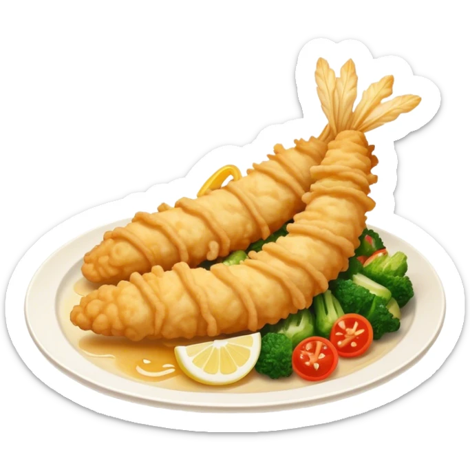 Cinematic Realistic Tempura Dish Emoji, depicted as lightly battered and fried seafood and vegetables rendered with delicate textures and crisp, inviting lighting. sticker