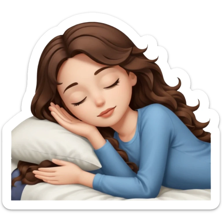 Um amenina super linda com cabelo marrom meio preto  com as pontas ondulado,  cabelo grande na cama deitada com o olho fechado  sticker