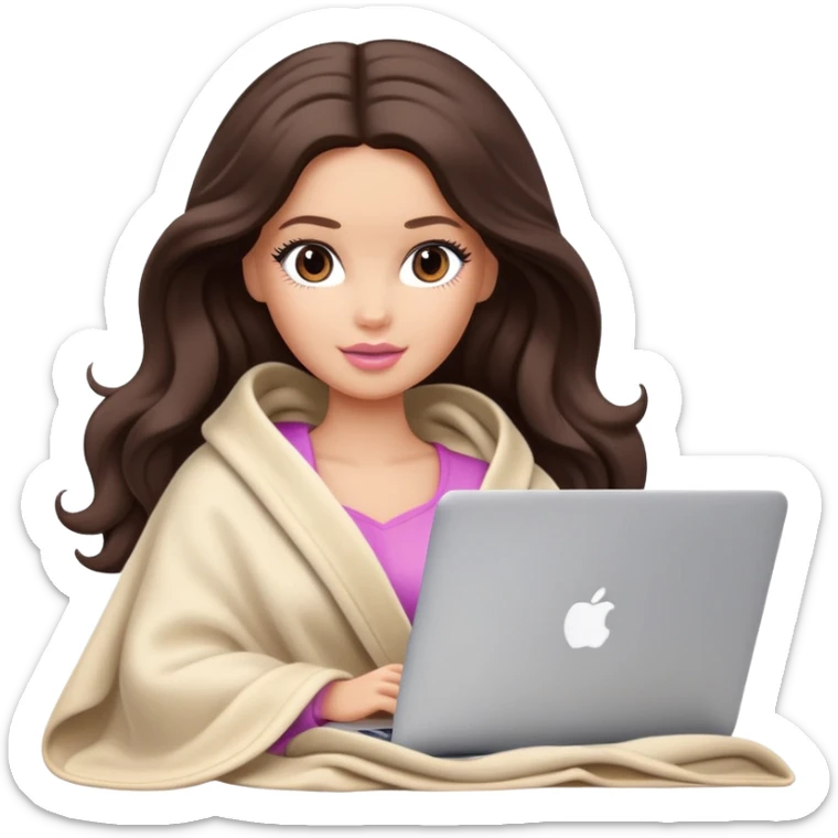 Barbie girl with a long wavy dark brown hair inside a pale beige blanket working macbook  sticker