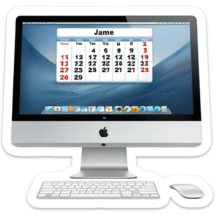 front view of an iMac with a day-calendar on the screen, vertical hours on the left, horizontal client slots, some slots visibly booked sticker