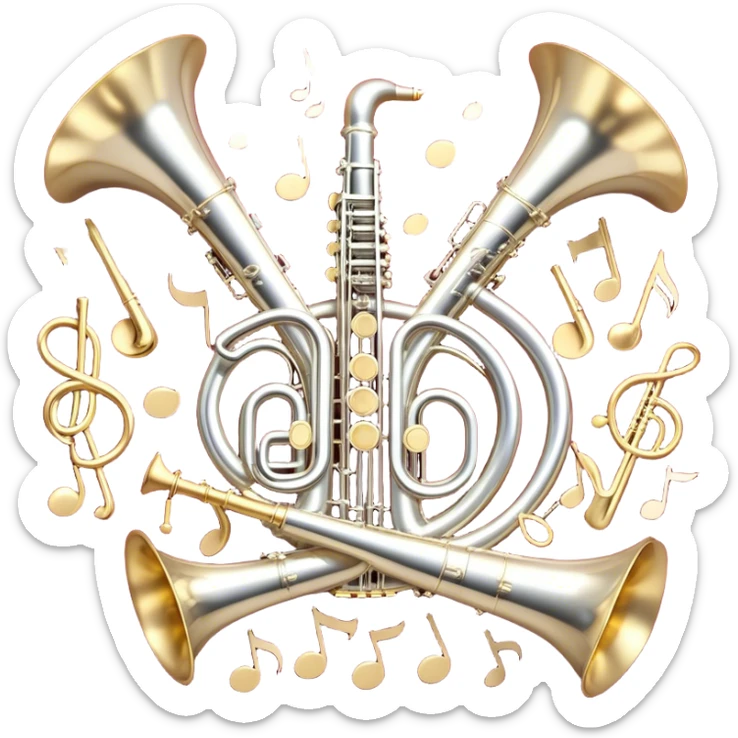 Create a festive and elegant emoji collage featuring a bouquet or fan of bells of wind instrument  (trumpets, saxophones, trombones, tubes, etc.) arranged in a radiant, symmetrical pattern. The instruments should have polished, golden and silver finishes, with their large, shiny bells forming a beautiful, fan-like display. Include a flowing ribbon of musical notes swirling through the center, conveying movement and melody. The background should feature a deep red velvet texture, adding a touch of luxury and sophistication. The overall composition should be balanced, with an elegant and regal feel, with a transparent background to keep focus on the instruments and musical elements. sticker