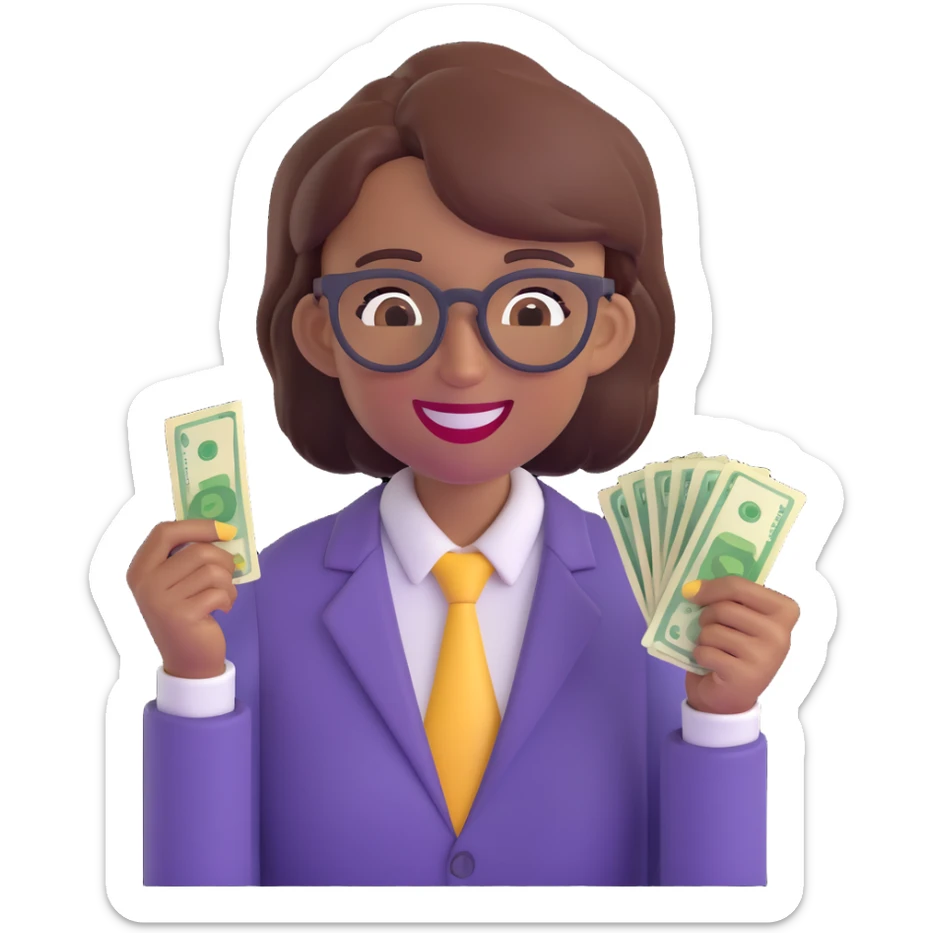 cheerful nerdy agender emoji, androgynous, with glasses and a big smile, holding money in one hand sticker