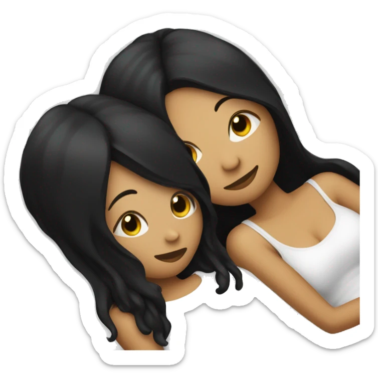 Lesbians with long black hair and white skin laying in bed together sticker