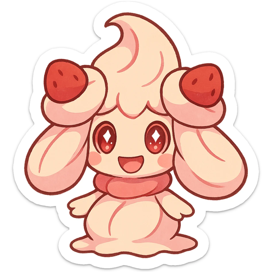 cute Alcremie Pokémon with sparkling eyes, small swirl on top, happy inviting expression, red and pink colors sticker