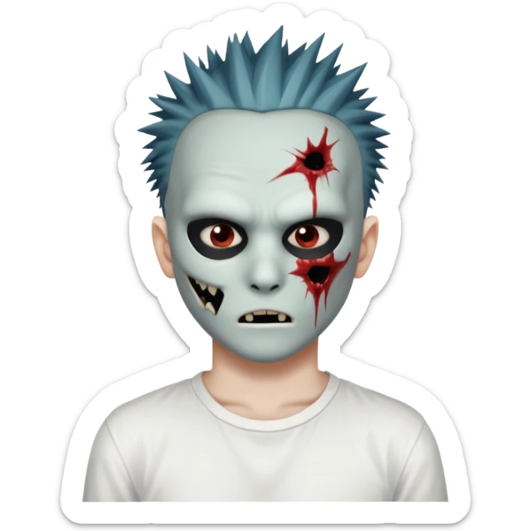 zombie boy with spiky emo hair and white shirt emoji and 

He wears an anonymous mask on half his face and has wounds on the other half. sticker