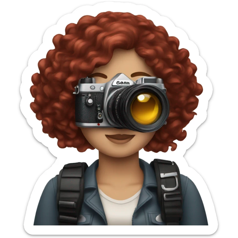 white girl photographer with dark red curly hair and Canon camera sticker