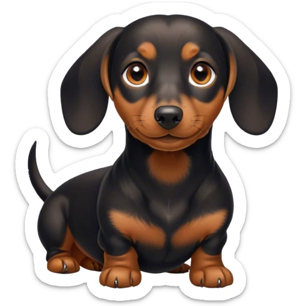 Cinematic Cute black and tan Dachshund Portrait Emoji, Head tilted playfully and inquisitively, featuring a glossy black and tan coat with a sleek sheen, round, sparkling brown eyes filled with curiosity, Simplified yet irresistibly adorable features, highly detailed, glowing with a warm, friendly glow, high shine, affectionate and spirited, stylized with a touch of whimsy, bright and endearing, soft glowing outline, capturing the essence of a mischievous yet loving pup, so playful it feels like it could dash out of the screen and into your arms! sticker