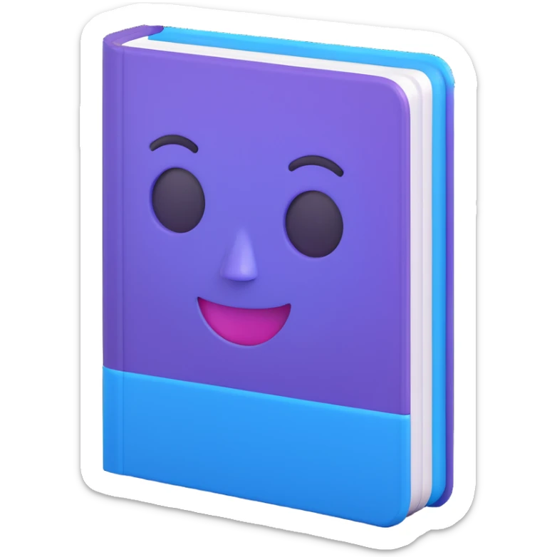 3D book emoji, blue and purple cover with a glossy finish, rounded corners, floating at an angle, soft shadow, kawaii face, vibrant colors, smooth and playful, minimalist, isometric, thick pages on side, transparent background, Icons8 3D style sticker
