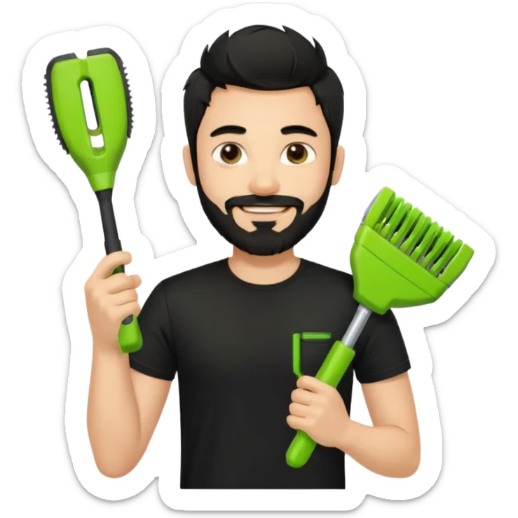 young handsome fair-skinned man with messy black hair and beard, smiling, wearing a black t-shirt, holding a palm-sized lime green trimmer in one hand sticker