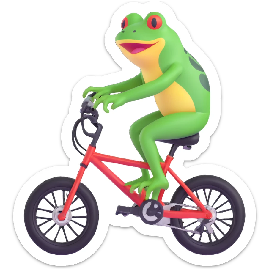 a frog riding a full suspension mountain bike, 3D emoji style sticker