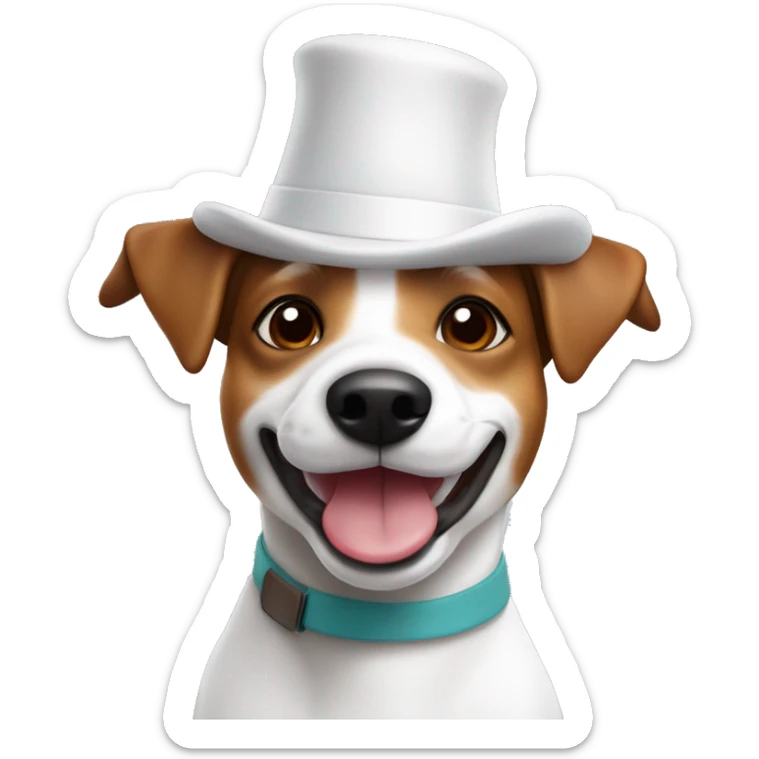 Hap3D dog Jack Russell with white and brown coloring. Like Memoji on iphone. And with a Happy birthday colored hat sticker