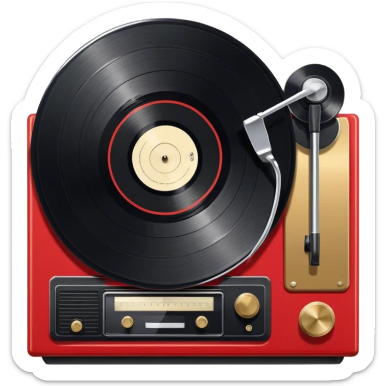 Icon for Vinyl Record Collecting: large black, golden and red vinyl records in decorative packaging featuring artist images, neatly arranged on a wall or shelf, modern vinyl record player. The icon should reflect the aesthetic and artistic aspect of collecting vinyl records. Transparent background. sticker