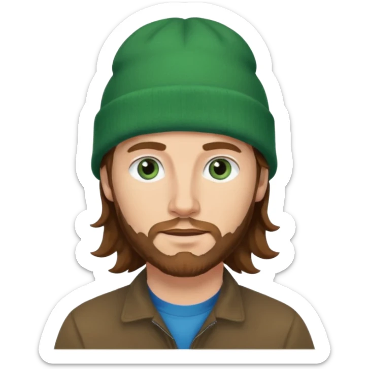 white man
aged 40
Blue eyes, 
mid length brown wavy hair
Green beanie hat sticker