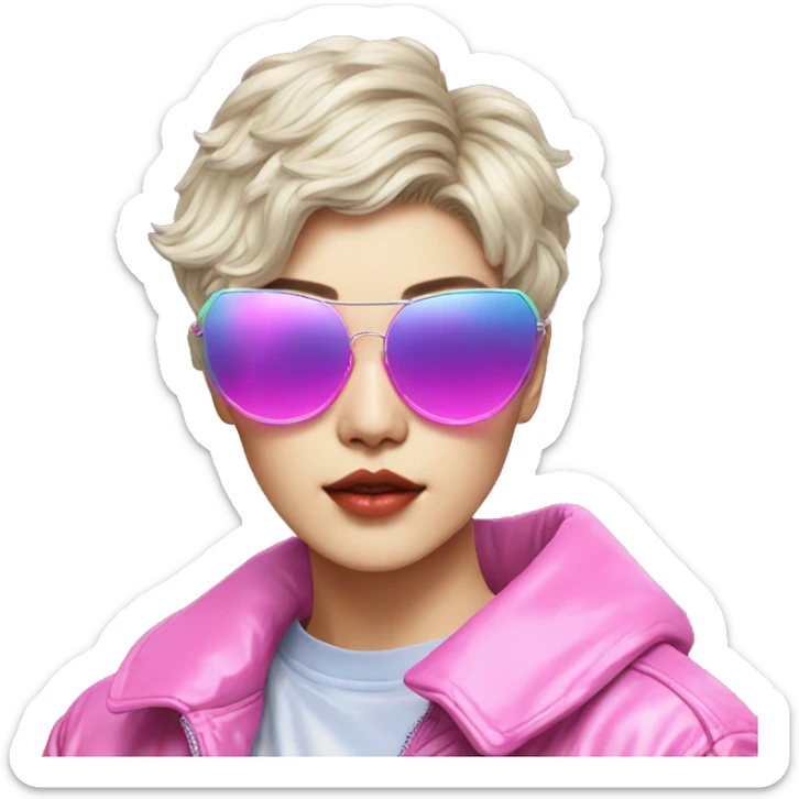 a short-haired Taiwanese lesbian with vaporwave style, sunglasses with vaporwave image on it. sticker