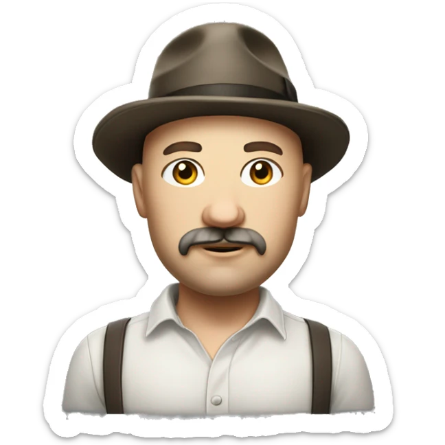Photorealistic, A plump bald man of Slavic appearance with a goatee and mustache, wearing a fedora hat sticker