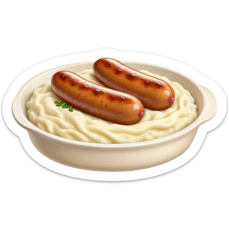 Cinematic Realistic Bangers and Mash Dish Emoji, featuring succulent pork sausages paired with creamy mashed potatoes rendered with detailed textures and natural highlights that emphasize its robust, hearty flavor. sticker