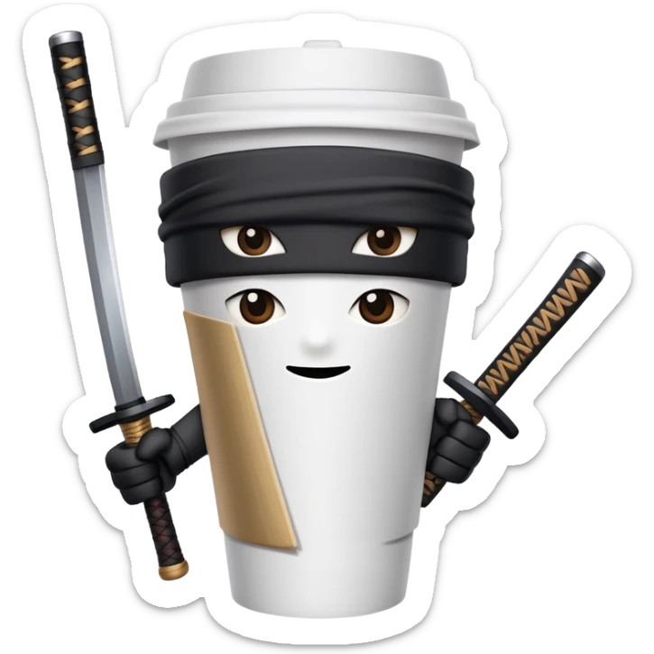 A paper coffee cup with arms and eyes, wearing a black ninja headband and wielding a samurai katana sticker