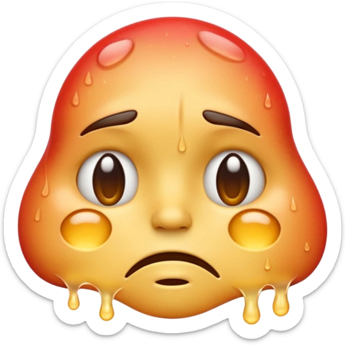 Apple-style emoji illustration of a melted, overheated face with sweat drops, expression annoyed, half-closed exhausted eyes, soft 3D emoji style, smooth gradients, rounded shapes, simple expression, centered composition. sticker