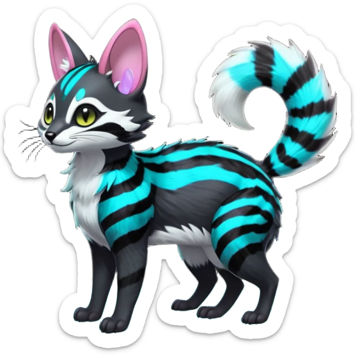 Fantasy abyssal pitch-Black-coated fur with glowing bioluminescent random colorful neon-markings divine beautiful elegant pretty precious cute young youthful  Fakémon-Pokémon-alien-opossum-feline-serval-caracal-chinchilla-Minccino-hybrid-creature with a big fluffy bushy striped tail (full body) sticker