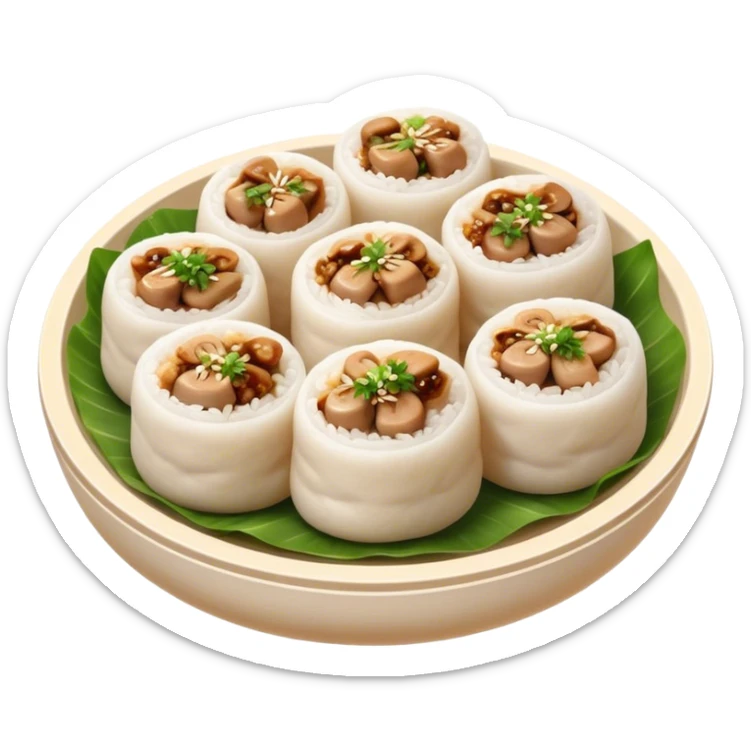 Cinematic Realistic B√°nh cu·ªën Dish Emoji, featuring steamed rice rolls filled with savory minced pork and mushrooms rendered with soft textures and inviting, warm lighting. sticker