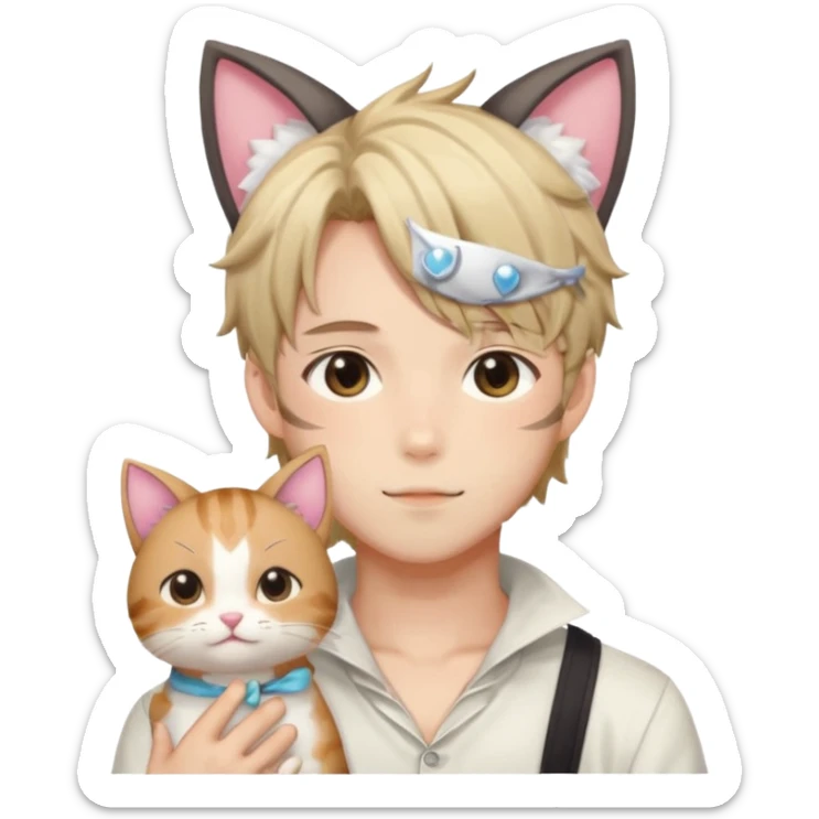 Shiny Blushing Cute Kawaii Handsome Shoujo Anime Man with Cat Ears Trending Style Cottagecore  sticker