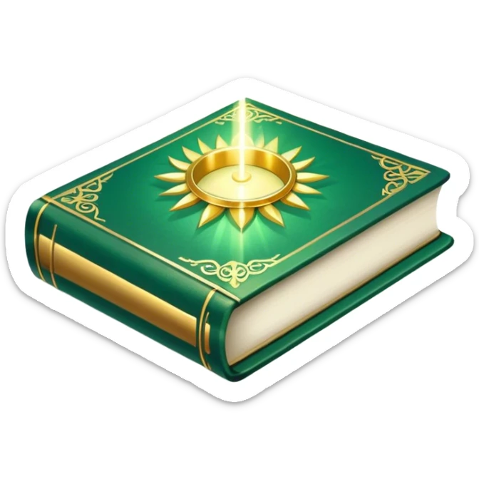 A soft emerald green book front cover with golden details, a ray of light, or a lotus on the cover, radiating presence, tranquility, and spiritual awakening sticker